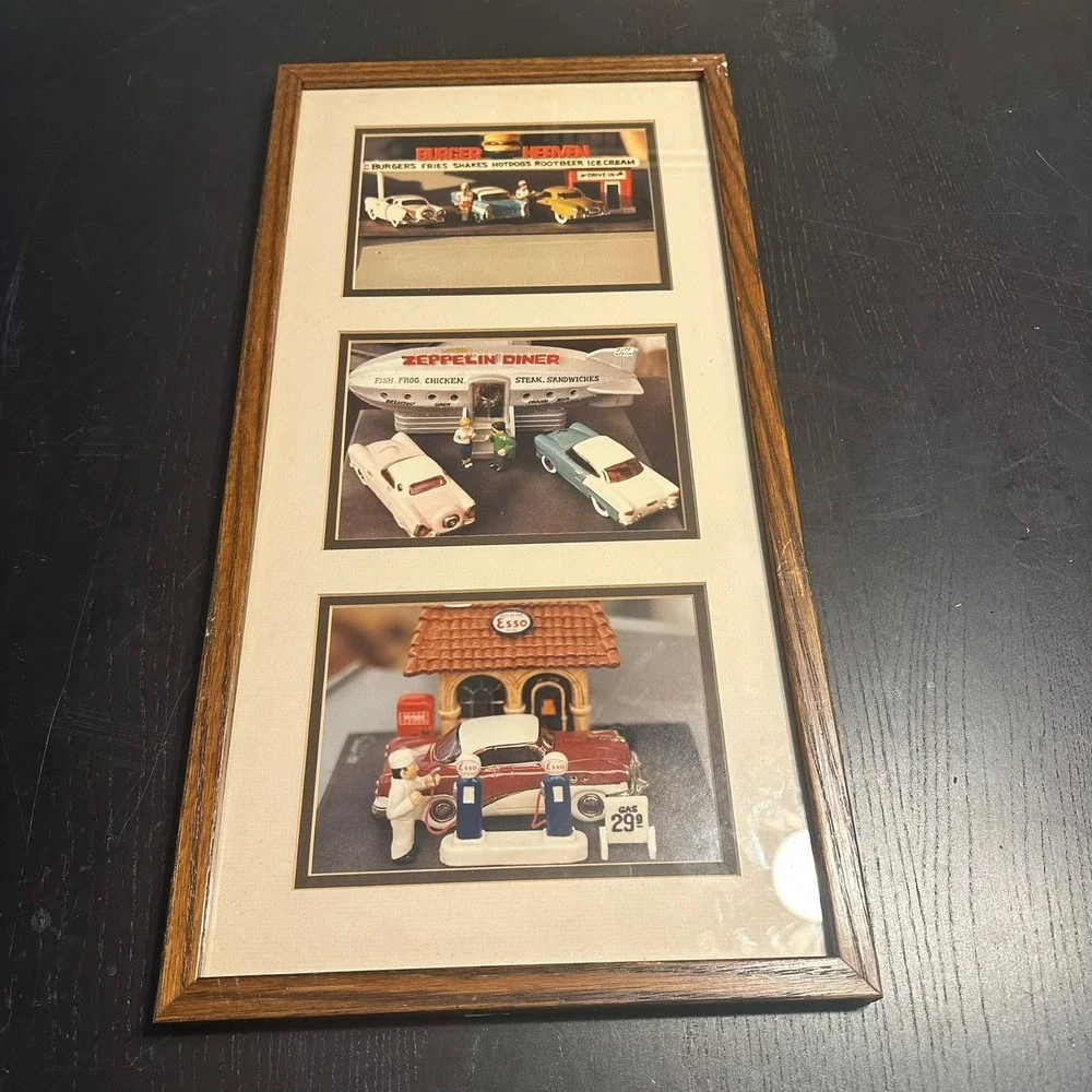 Vintage 1950s Americana Diner and Gas Station Framed Wall Art Diorama Photos
